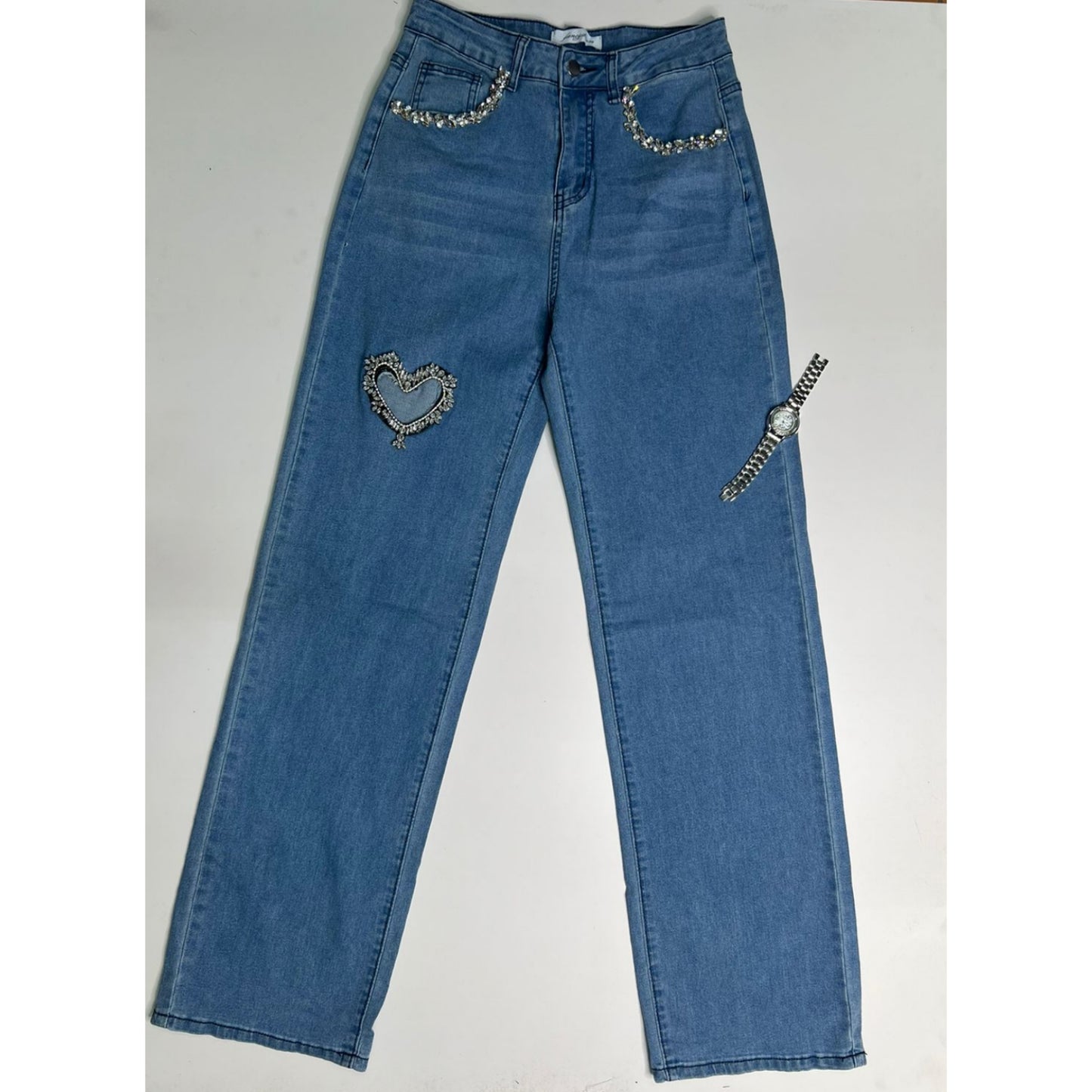 Heart Jewel Detail High Waist Jeans